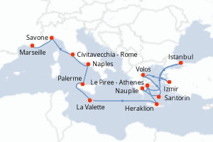Carte itinéraire croisière - 15 jours au départ de Marseille - Méditerranée