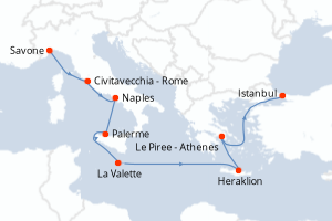 Carte itinéraire croisière - 9 jours au départ de Savone - Méditerranée