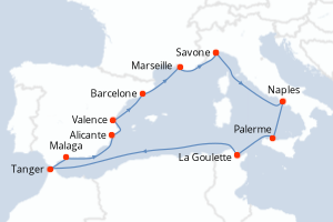 Carte itinéraire croisière - 12 jours au départ de Savone - Méditerranée