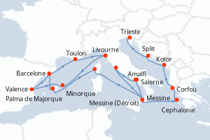 Carte itinéraire croisière - 21 jours au départ de Barcelone - Méditerranée