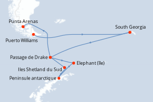 Carte itinéraire croisière - 15 jours au départ de Puerto Williams - Amérique du Sud