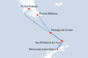 Carte itinéraire croisière - 10 jours au départ de Punta Arenas - Amérique du Sud