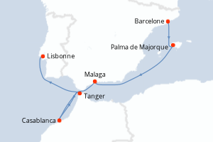 Carte itinéraire croisière - 7 jours au départ de Barcelone - Atlantique