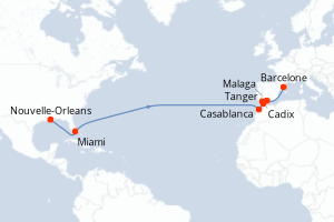 Carte itinéraire croisière - 17 jours au départ de Nouvelle-Orleans - Transatlantique