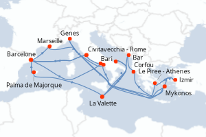 Carte itinéraire croisière - 10 jours au départ de Civitavecchia - Rome - Méditerranée