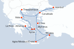 Carte itinéraire croisière - 12 jours au départ de Le Piree - Athenes - Méditerranée