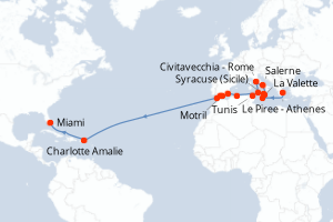 Carte itinéraire croisière - 27 jours au départ de Le Piree - Athenes - Transatlantique