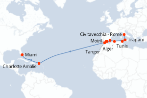 Carte itinéraire croisière - 20 jours au départ de Civitavecchia - Rome - Transatlantique