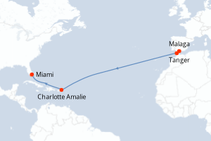Carte itinéraire croisière - 13 jours au départ de Malaga - Transatlantique