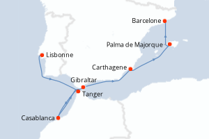 Carte itinéraire croisière - 7 jours au départ de Lisbonne - Méditerranée