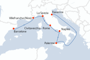 Carte itinéraire croisière - 7 jours au départ de Barcelone - Méditerranée