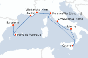 Carte itinéraire croisière - 8 jours au départ de Barcelone - Méditerranée