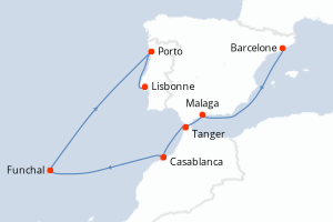 Carte itinéraire croisière - 9 jours au départ de Barcelone - Atlantique