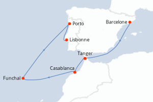 Carte itinéraire croisière - 9 jours au départ de Barcelone - Atlantique