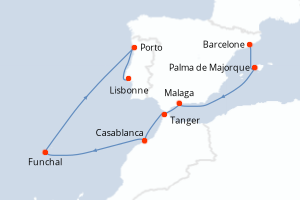 Carte itinéraire croisière - 10 jours au départ de Barcelone - Atlantique