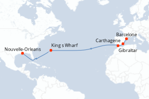Carte itinéraire croisière - 14 jours au départ de Barcelone - Transatlantique