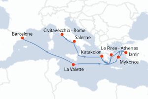 Carte itinéraire croisière - 10 jours au départ de Civitavecchia - Rome - Méditerranée