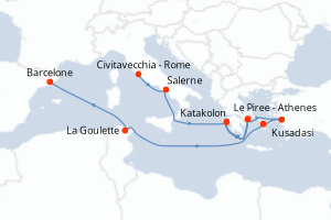 Carte itinéraire croisière - 10 jours au départ de Civitavecchia - Rome - Méditerranée