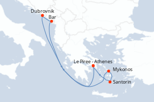Carte itinéraire croisière - 7 jours au départ de Le Piree - Athenes - Méditerranée