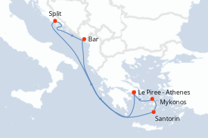Carte itinéraire croisière - 7 jours au départ de Le Piree - Athenes - Méditerranée