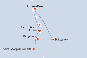 Carte itinéraire croisière  - 7 jours au départ de Pointe a Pitre - Caraïbes Bahamas