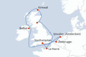 Carte itinéraire croisière - 11 jours au départ de Southampton - Europe du Nord