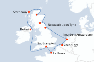 Carte itinéraire croisière - 11 jours au départ de Southampton - Europe du Nord