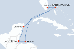 Carte itinéraire croisière - 7 jours au départ de Miami - Caraïbes Bahamas