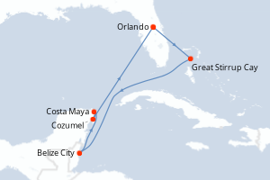 Carte itinéraire croisière - 7 jours au départ de Orlando - Caraïbes Mexique