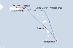 Carte itinéraire croisière - 7 jours au départ de San Juan - Caraïbes Bahamas
