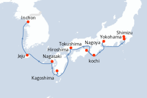 Carte itinéraire croisière - 9 jours au départ de Yokohama - Asie