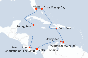 Carte itinéraire croisière - 12 jours au départ de Miami - Caraïbes Bahamas