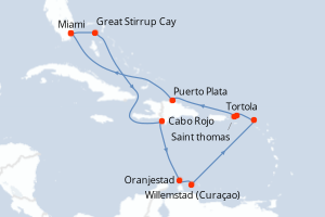 Carte itinéraire croisière - 12 jours au départ de Miami - Caraïbes Bahamas