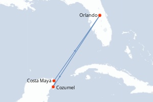 Carte itinéraire croisière - 5 jours au départ de Orlando - Caraïbes Mexique