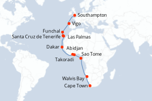 Carte itinéraire croisière - 22 jours au départ de Cape Town - Europe du Nord