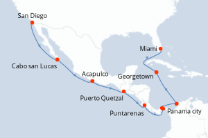 Carte itinéraire croisière - 16 jours au départ de San Diego - Caraïbes Bahamas