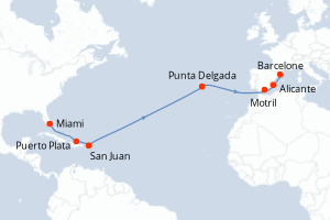 Carte itinéraire croisière - 15 jours au départ de Miami - Transatlantique