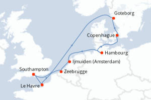Carte itinéraire croisière - 10 jours au départ de Southampton - Europe du Nord