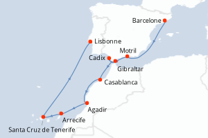 Carte itinéraire croisière - 10 jours au départ de Barcelone - Atlantique
