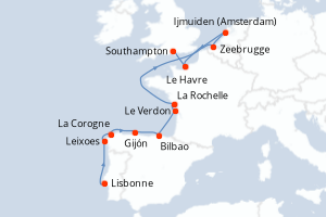 Carte itinéraire croisière - 11 jours au départ de Lisbonne - Europe du Nord