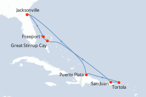 Carte itinéraire croisière - 9 jours au départ de Jacksonville - Caraïbes Mexique