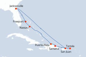 Carte itinéraire croisière - 10 jours au départ de Jacksonville - Caraïbes Mexique