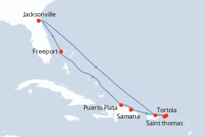 Carte itinéraire croisière - 10 jours au départ de Jacksonville - Caraïbes Mexique