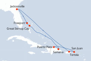 Carte itinéraire croisière - 10 jours au départ de Jacksonville - Caraïbes Mexique