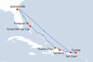 Carte itinéraire croisière - 10 jours au départ de Jacksonville - Caraïbes Mexique