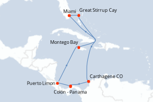 Carte itinéraire croisière - 10 jours au départ de Miami - Caraïbes Bahamas