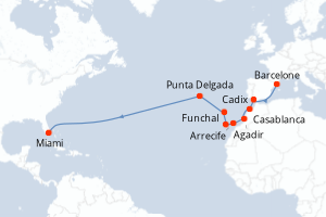 Carte itinéraire croisière - 16 jours au départ de Barcelone - Transatlantique