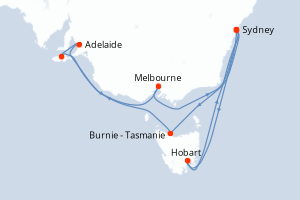 Carte itinéraire croisière - 15 jours au départ de Sydney - Australie Nouvelle Zélande