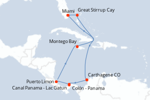 Carte itinéraire croisière - 10 jours au départ de Miami - Caraïbes Bahamas