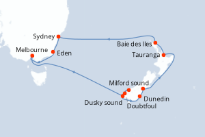 Carte itinéraire croisière - 14 jours au départ de Sydney - Australie Nouvelle Zélande